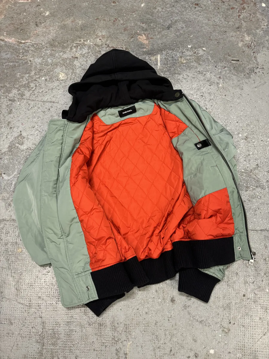 Diesel Light Green Spinal Embroidered Back Hooded Bomber Jacket - Image 4